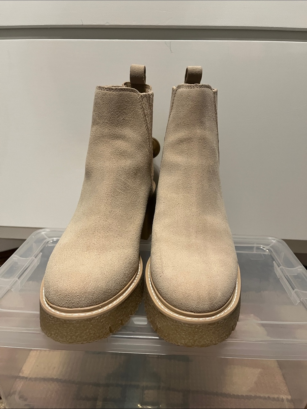 Dolce Vita Beige Suede Chelsea Lug-Heel Ankle Boots - Picture 2 of 4